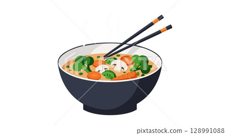 Asian vegetable soup bowl with chopsticks simple colorful vector illustration 128991088