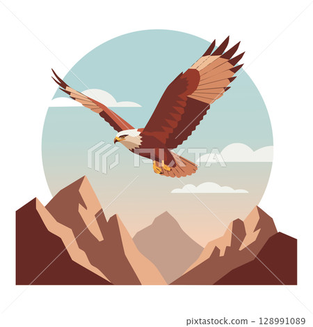 Bald eagle soaring over rocky mountain landscape with blue sky and clouds vector illustration 128991089
