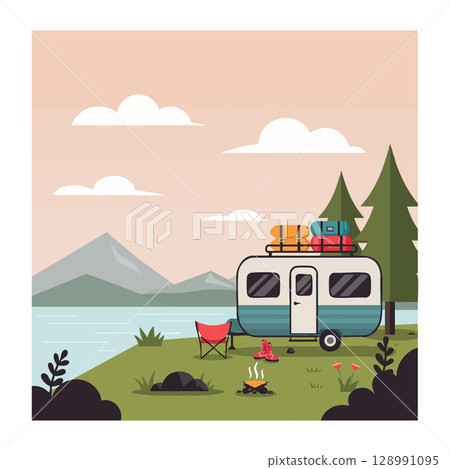 Camping trailer with luggage by lake and pine trees outdoor adventure vector illustration Camping trailer with luggage by lake and pine trees outdoor adventure vector illustration 128991095