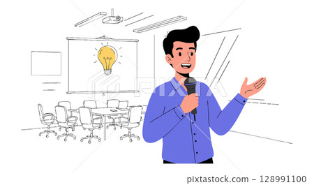 Man giving presentation with microphone in office room vector illustration 128991100