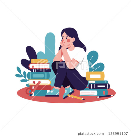 Young woman sitting thoughtfully surrounded by books and plants vector illustration 128991107
