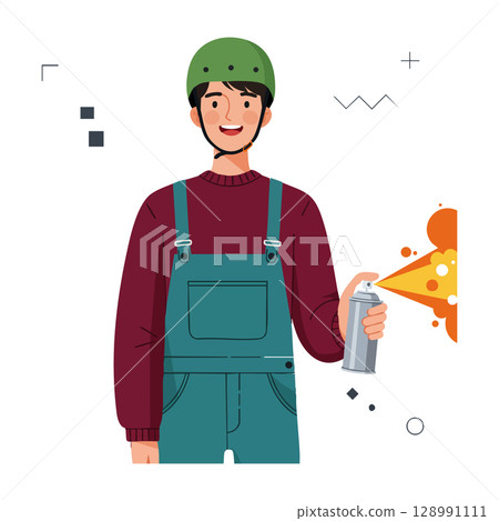 Young man in green helmet using spray paint can creating orange graffiti art vector illustration 128991111