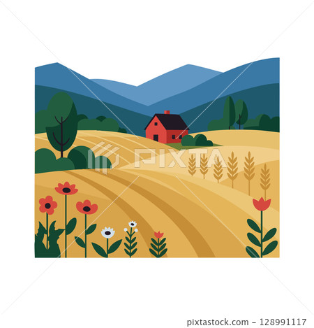 Rural landscape with red house golden fields and colorful flowers vector illustration Rural landscape with red house golden fields and colorful flowers vector illustration 128991117