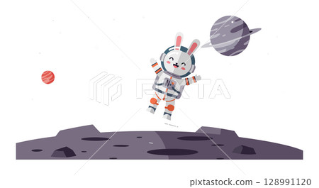Cute astronaut bunny floating in space vector illustration with planets and moon surface 128991120