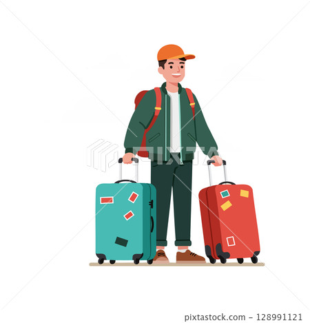 Young man traveler with orange and teal suitcases and backpack standing smiling 128991121