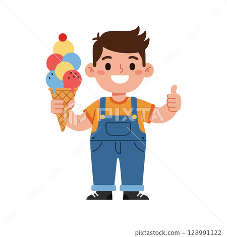 Boy holding colorful ice cream cone showing thumbs up cheerful vector illustration 128991122