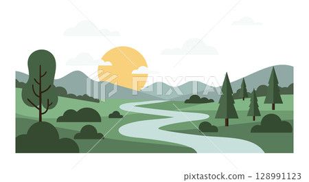 River flowing through green forest with mountains and yellow sun landscape vector illustration 128991123