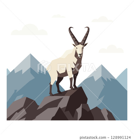 Mountain goat standing on rocky cliff with distant blue mountains nature wildlife scene vector illustration 128991124