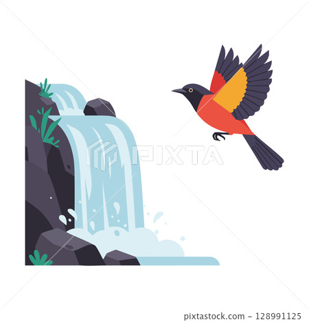 Colorful bird flying near waterfall with rocks and green plants vector illustration 128991125
