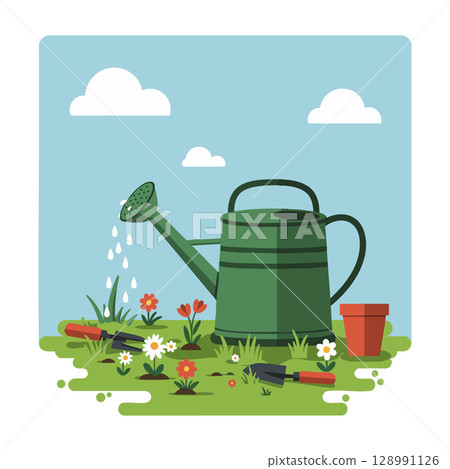 Green watering can with gardening tools and blooming flowers in sunny garden scene vector illustration 128991126