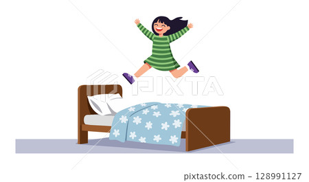 Girl jumping on bed with floral blanket in joyful indoor playtime scene vector illustration Girl jumping on bed with floral blanket in joyful indoor playtime scene vector illustration 128991127