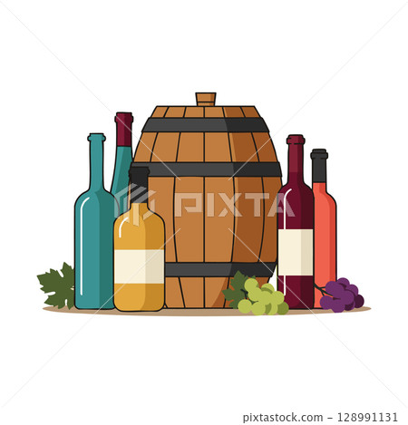 Wine bottles with wooden barrel and grape bunches vector illustration natural colors Wine bottles with wooden barrel and grape bunches vector illustration natural colors 128991131