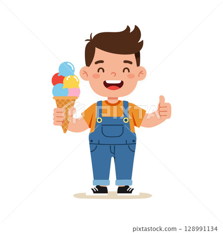 Happy boy holding colorful ice cream cone showing thumbs up vector illustration 128991134