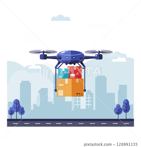 Delivery drone carrying colorful packages over cityscape in urban environment vector illustration 128991135