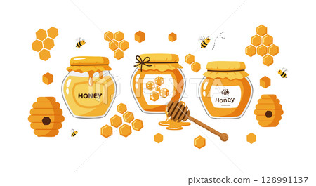 Honey Jars with Bees and Honeycomb Vector Illustration in Yellow and Orange Colors 128991137