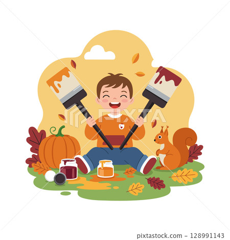 Happy boy holding paintbrushes with autumn leaves and squirrel in fall scene vector illustration 128991143