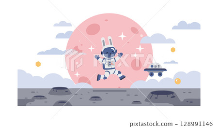 Space rabbit astronaut jumping on moon surface with spaceship and pink moon background vector illustration 128991146