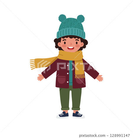 Child Wearing Winter Clothes with Green Hat and Yellow Scarf Vector Illustration 128991147