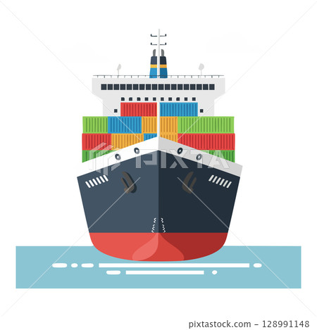 Cargo ship with colorful containers floating on calm water vector illustration 128991148