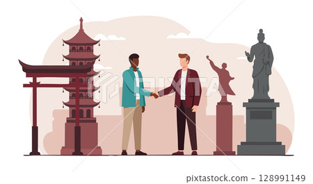 Diverse Businessmen Handshake Near Asian Statues and Pagoda Vector Illustration 128991149