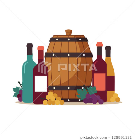 Wine bottles and wooden barrel with grapes and bunches in flat style vector illustration 128991151