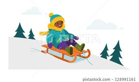 Child sledding downhill in winter snow wearing teal coat and yellow hat vector illustration 128991161