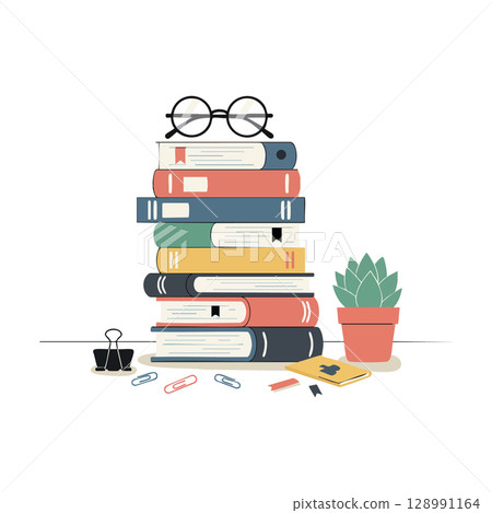 Stack of colorful books with glasses plant and office supplies vector illustration 128991164