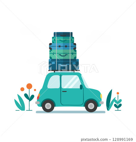 Small car packed with suitcases for travel and vacation illustration in teal color Small car packed with suitcases for travel and vacation illustration in teal color 128991169