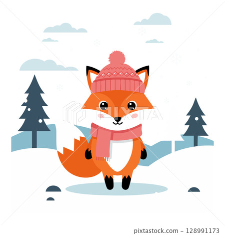 Fox Wearing Pink Hat and Scarf in Snowy Winter Landscape Vector Illustration 128991173
