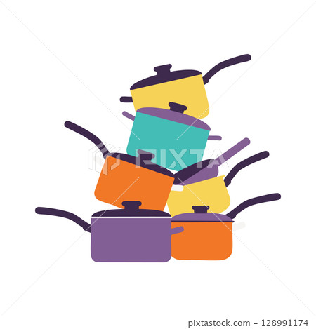 Colorful stack of kitchen saucepans with handles and lids vector illustration Colorful stack of kitchen saucepans with handles and lids vector illustration 128991174