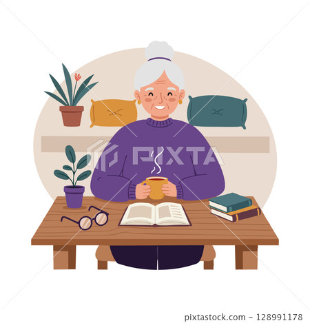 Elderly woman reading book and drinking warm tea at home cozy lifestyle vector illustration Elderly woman reading book and drinking warm tea at home cozy lifestyle vector illustration 128991178