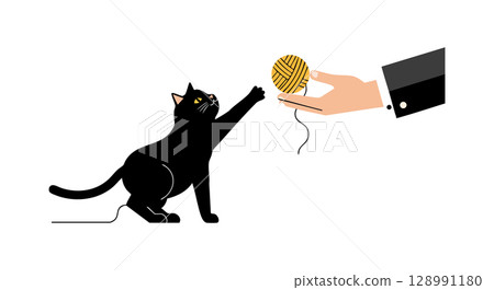 Black Cat Playing with Yarn Ball Held by Hand Vector Illustration 128991180