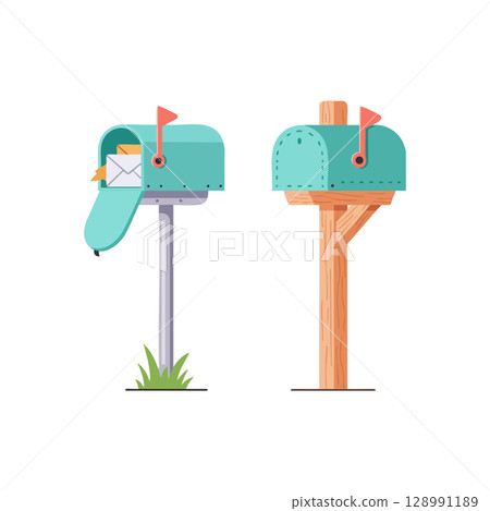 Blue Mailbox with Flag and Letter on Metal and Wooden Posts Vector Illustration 128991189