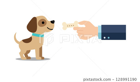 Small brown puppy waiting for bone treat from human hand vector illustration 128991190