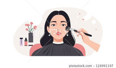 Woman Having Makeup Applied with Brush in Beauty Salon Vector Illustration Woman Having Makeup Applied with Brush in Beauty Salon Vector Illustration 128991197