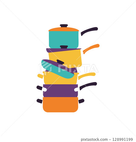 Stack of colorful cooking pots with lids and handles in flat design vector illustration Stack of colorful cooking pots with lids and handles in flat design vector illustration 128991199
