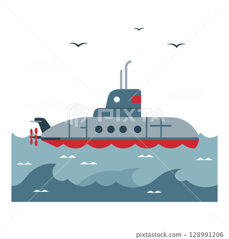 Submarine sailing in ocean waves with seagulls above in simple vector illustration 128991206