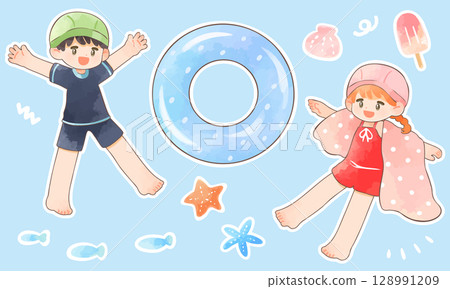 Illustration set of happy children wearing swimsuits with white border 128991209