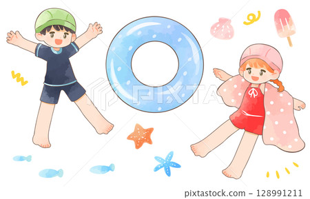 一組穿著泳衣的快樂兒童插畫 一組穿著泳衣的快樂兒童插畫 128991211