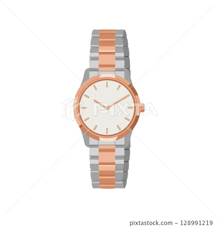 Two-tone wristwatch with rose gold and silver metal bracelet vector illustration 128991219