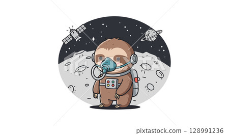 Sloth astronaut on moon surface with planets and satellites space exploration vector 128991236