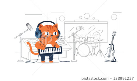 Cat playing keyboard with headphones in music studio with drums and guitar vector illustration 128991237