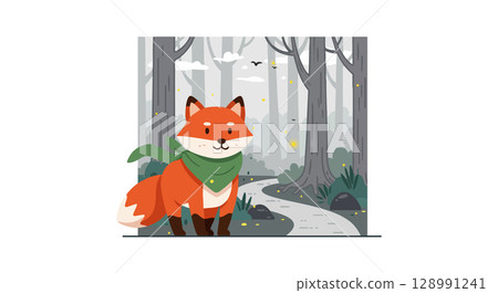 Red fox in forest with green scarf walking on path vector illustration Red fox in forest with green scarf walking on path vector illustration 128991241
