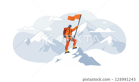 Mountain climber reaching summit with flag in snowy landscape vector illustration Mountain climber reaching summit with flag in snowy landscape vector illustration 128991243