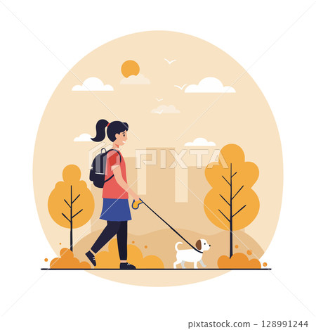 Woman walking dog in autumn park with city skyline background vector illustration Woman walking dog in autumn park with city skyline background vector illustration 128991244