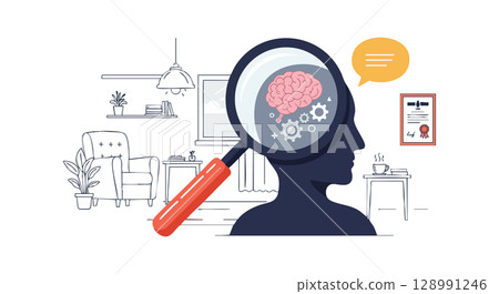 Human head silhouette with brain and gears under magnifying glass in office setting vector illustration 128991246