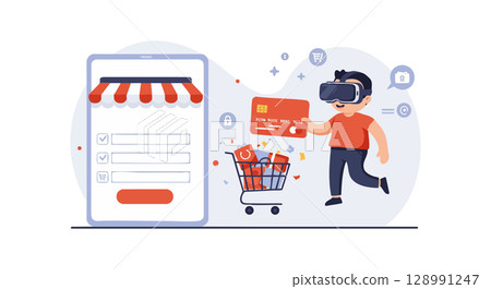 Online shopping concept with virtual reality headset and digital payment vector illustration 128991247
