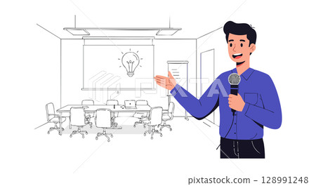 Man giving presentation with microphone in modern office meeting room vector illustration 128991248