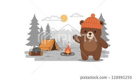 Brown bear waving near campfire with orange tent and mountain landscape vector illustration Brown bear waving near campfire with orange tent and mountain landscape vector illustration 128991250