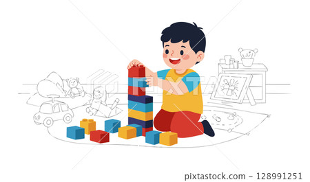 Boy Playing with Colorful Building Blocks Tower in Playroom Illustration 128991251